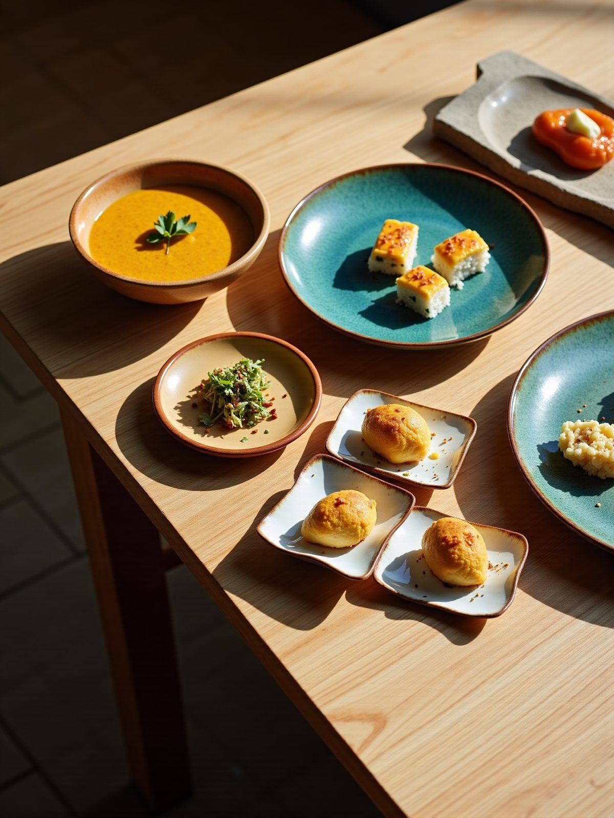 Small plates and soup set out on a wooden table in afternoon light